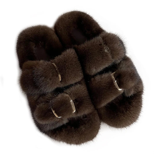 Wholesale Fashion Custom Winter Warm Luxury Fur Slippers Real Mink Fur Slides for Women Ladies Shoes