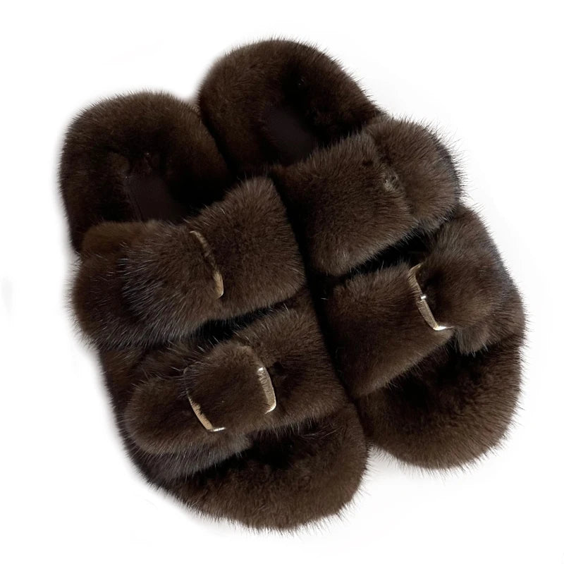 Wholesale Fashion Custom Winter Warm Luxury Fur Slippers Real Mink Fur Slides for Women Ladies Shoes