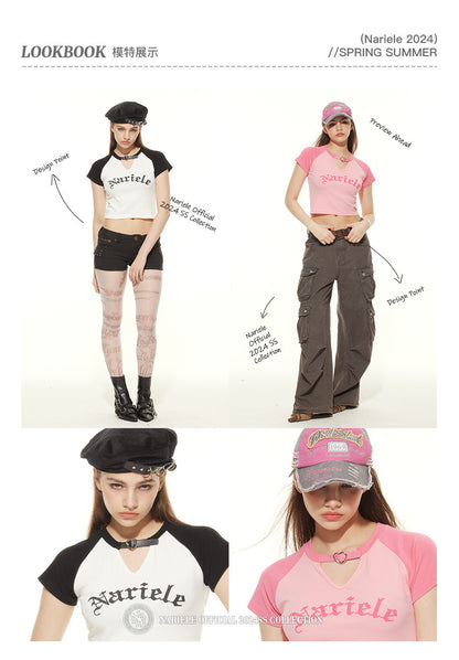 HeyHenry European and American Spice Girls Fashion Hollow Design Letter Print Contrast Color Short-sleeved T-shirt Women's Navel Top