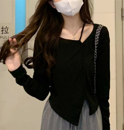 American Style Design Irregular Long-sleeved T-shirt Women's 2024 Spring and Autumn New Slim-fit Slimming Temperament Base Top