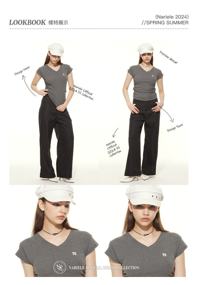 Heyhenry 2025 Summer Pleated Short-Sleeved T-Shirt Women's Niche Design Sexy Short Pinch Waist Niche Top