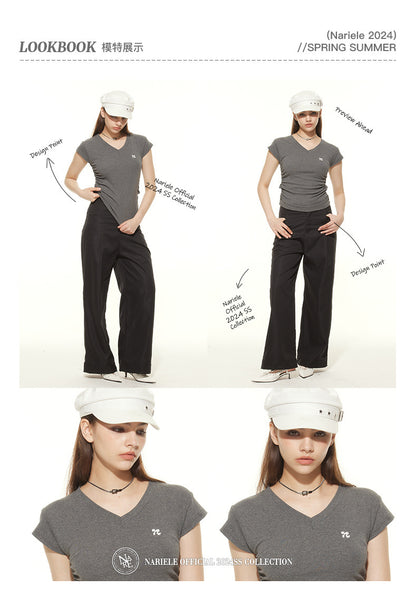 Heyhenry 2025 Summer Pleated Short-Sleeved T-Shirt Women's Niche Design Sexy Short Pinch Waist Niche Top