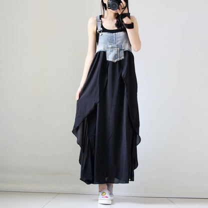 2024 Summer New Korean Style plus size Loose Fashionable Casual Denim Stitching Chiffon Strap Denim dress Women