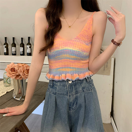 Korean Style Sweet Spice Girl V-neck Gradient Knitted Vest Top Women's Summer New Sexy Ear Side Camisole Vest
