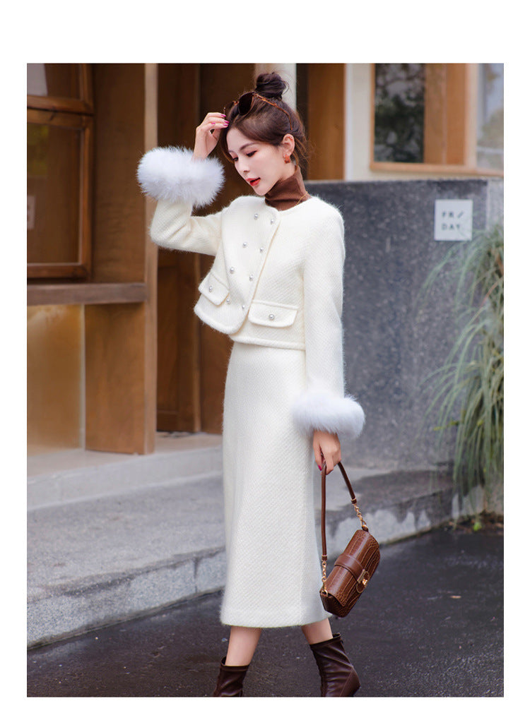2024 Winter New Style Liner White Duck Down Jacket Real Hair Chanel Style suit Women's Light Luxury Socialite Skirt Two-piece Set
