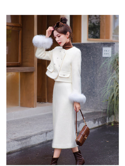 2024 Winter New Style Liner White Duck Down Jacket Real Hair Chanel Style suit Women's Light Luxury Socialite Skirt Two-piece Set