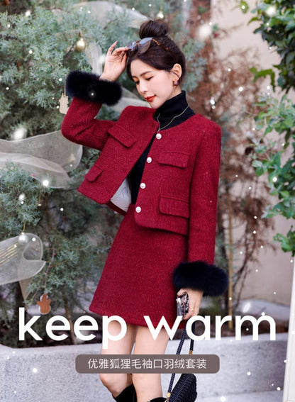 2024 Winter New Style Liner White Duck Down Jacket Real Hair Chanel Style suit Women's Light Luxury Socialite Skirt Two-piece Set
