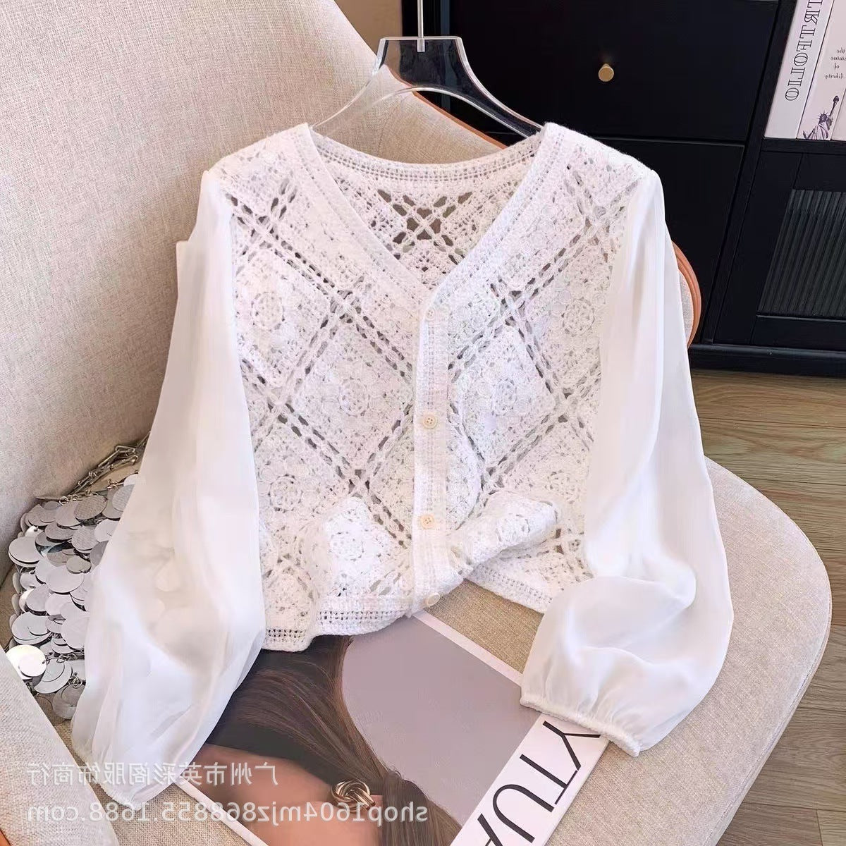 Spring and Summer All-match Sunscreen Stitching Chiffon Cardigan Long-sleeved Puff-sleeved Women's Niche Top Loose Western-style Coat