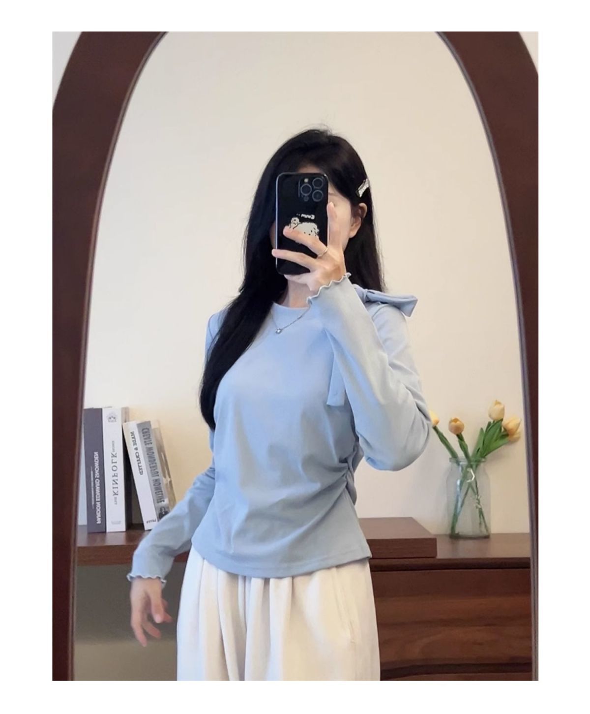 Bow Strap Long-sleeved Korean Style Chic Autumn and Winter New Top Sweet Pure Style Tight Waist Slim Fit Pleated Top