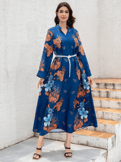 Sw0839 Middle Eastern Cross-Border Muslim Ladies Robe Printed Accessible Luxury Pearl Belt Jumabiya Dress