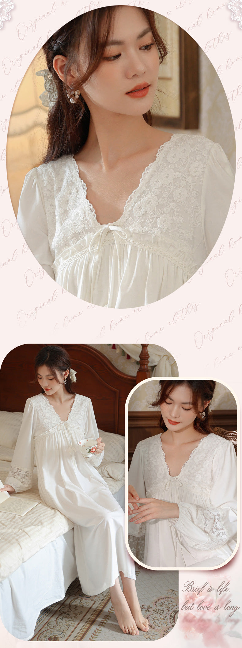 Women's long-sleeved nightdress spring cotton court style French lace princess temperament long pajamas can be worn outside home wear autumn and winter