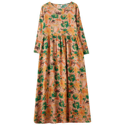 2025 Early Spring New Style Color Holiday Style Travel Crewneck Long Sleeve Retro Long Dress Women's Mat Covering Cotton and Linen dress