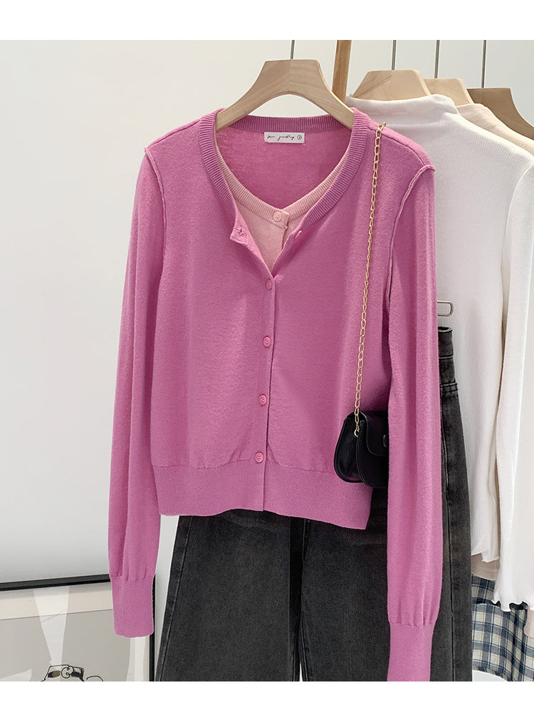Beautiful V-neck Fake Two-piece Sleeve Knitted Cardigan Jacket Women's 2024 Autumn and Winter Western Style Unique Chic Slim Small Top