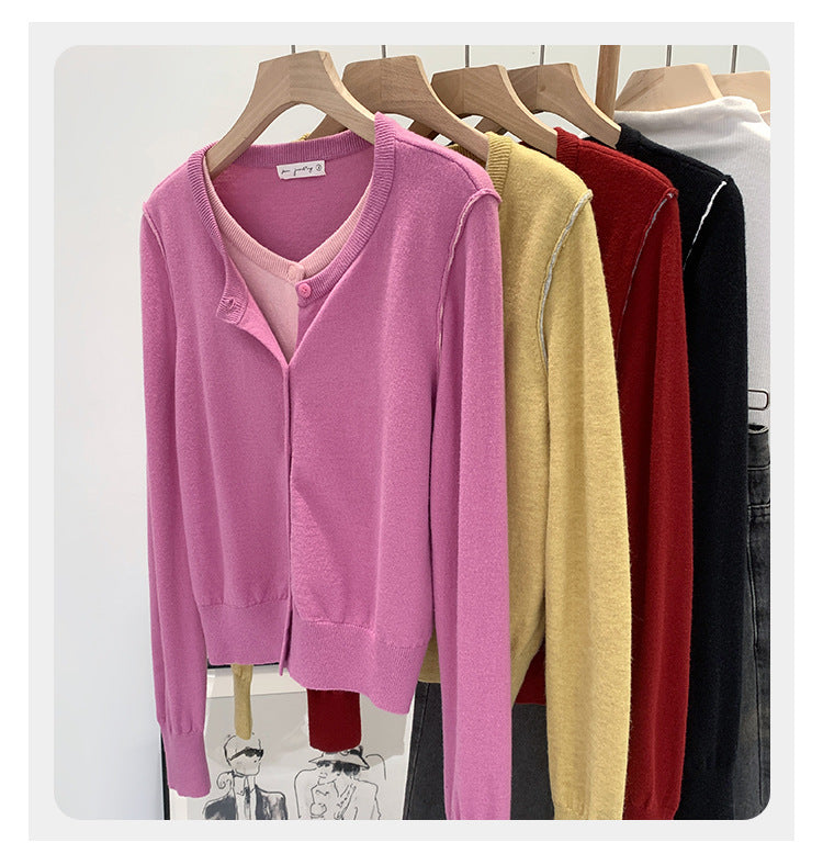 Beautiful V-neck Fake Two-piece Sleeve Knitted Cardigan Jacket Women's 2024 Autumn and Winter Western Style Unique Chic Slim Small Top