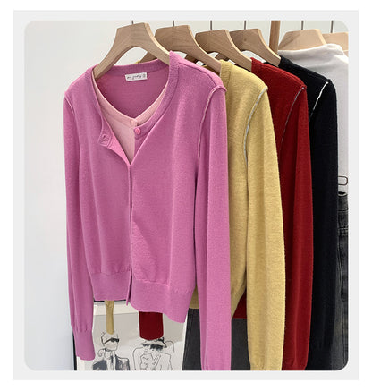 Beautiful V-neck Fake Two-piece Sleeve Knitted Cardigan Jacket Women's 2024 Autumn and Winter Western Style Unique Chic Slim Small Top