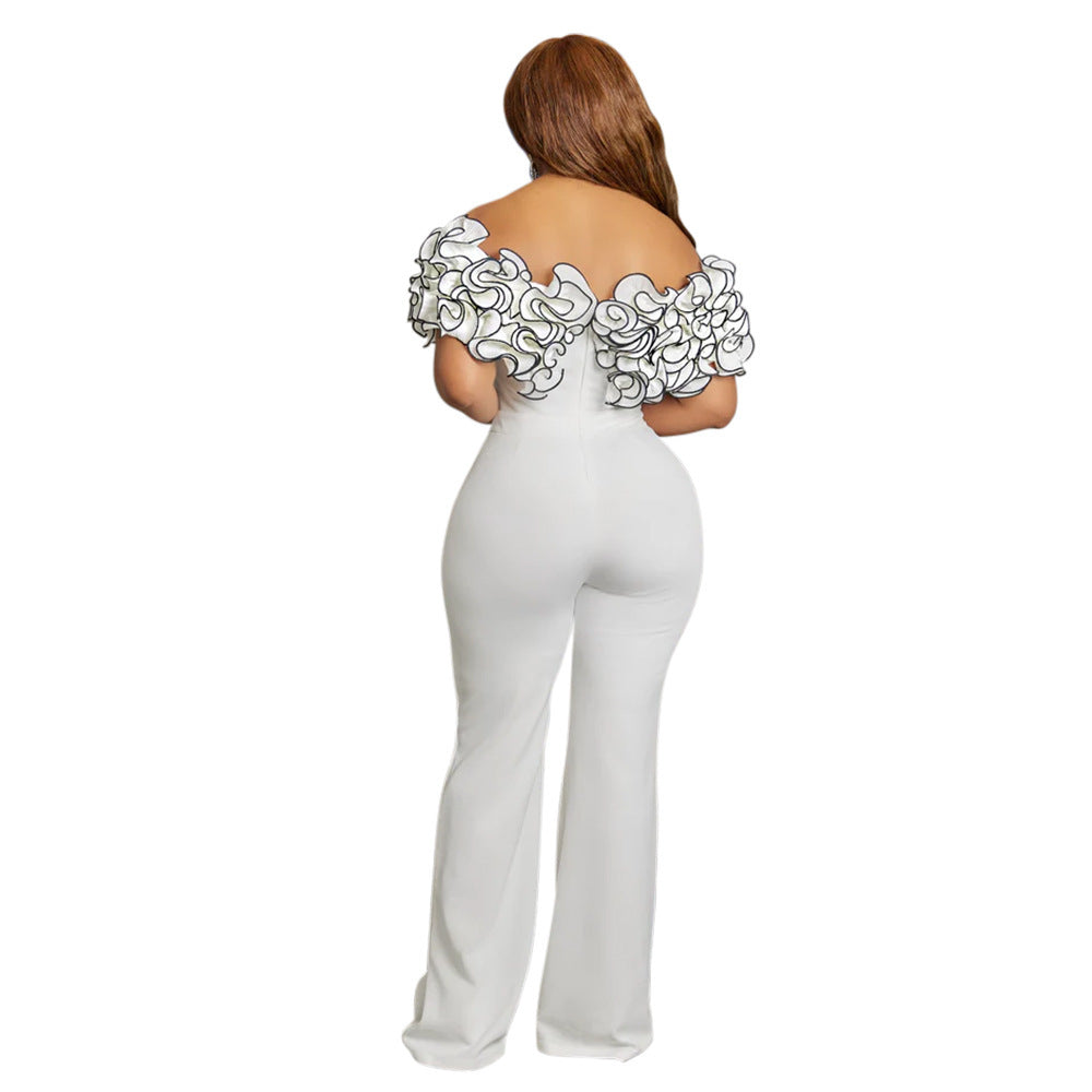 C8593 Cross-border Women's 2024 New Shoulder Collar Ruffled Sexy High Waist Solid Color African jumpsuit
