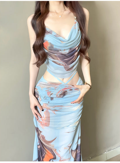 Hot Girl Bikini Swimsuit Female Three-Piece Seaside Vacation Long Skirt Small Breast Push-Up with Underwire Sexy Hot Spring Swimsuit