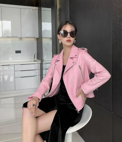 2025 Spring and Autumn New Korean Style Short Women's Pu Women's Large Size Leather Jacket Slim Motorcycle Jacket Small Leather Jacket