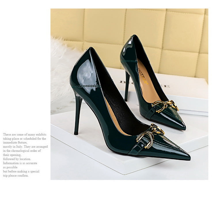 Luxury Women Pumps Metal Belt Buckle High Heels Patent Leather Women Heels Stilettos Career OL Office Shoes Plus Size 41 42 43