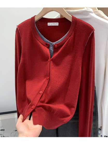 Beautiful V-neck Fake Two-piece Sleeve Knitted Cardigan Jacket Women's 2024 Autumn and Winter Western Style Unique Chic Slim Small Top