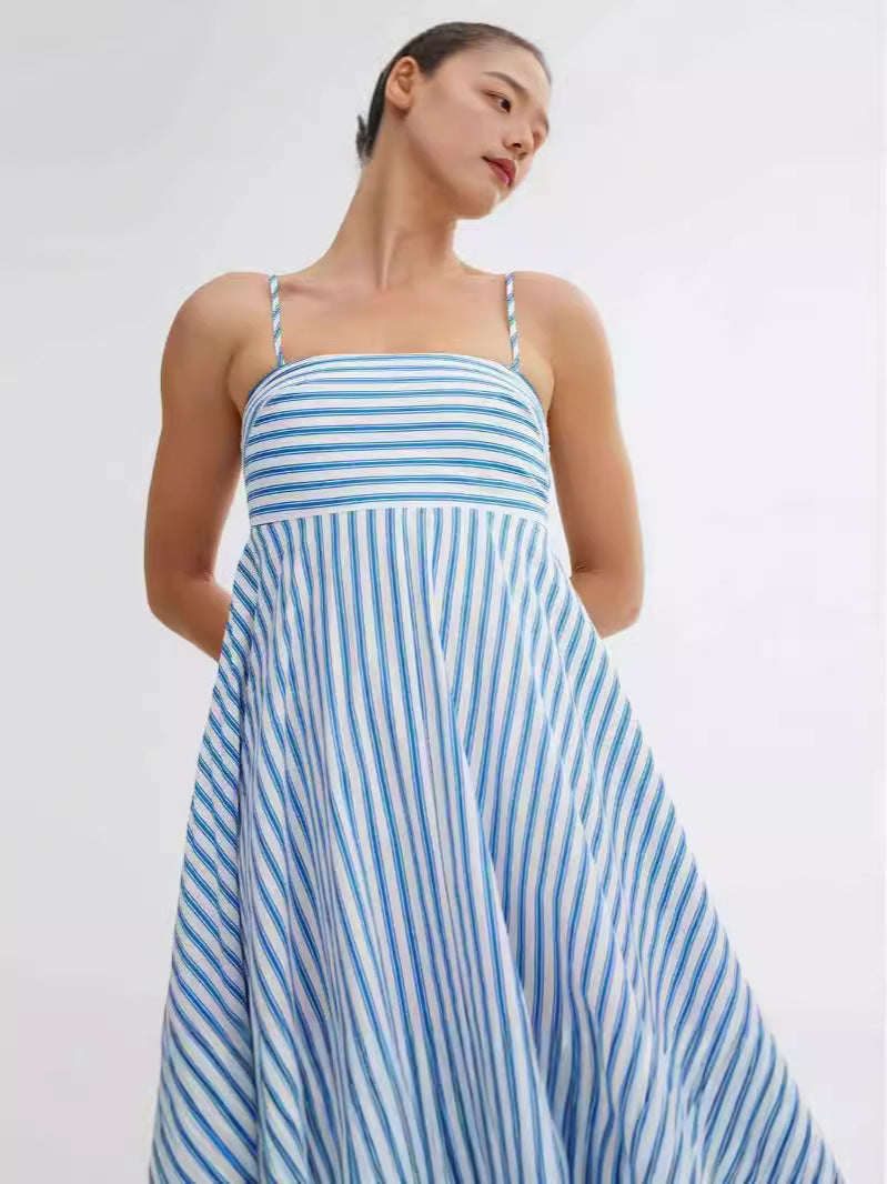 2024 Summer New European and American Cross-border Independent Station Sexy Sling Elegant Printed Striped High Waist Large Swing dress