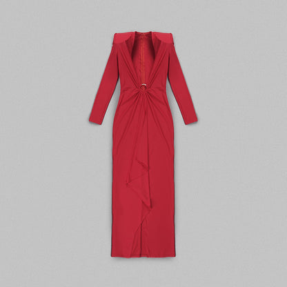 In Stock | New Cross-Border Long-Sleeve Ring-Neck European and American Women's Fashion V-Neck White and Red Long High-End Dress Wholesale.