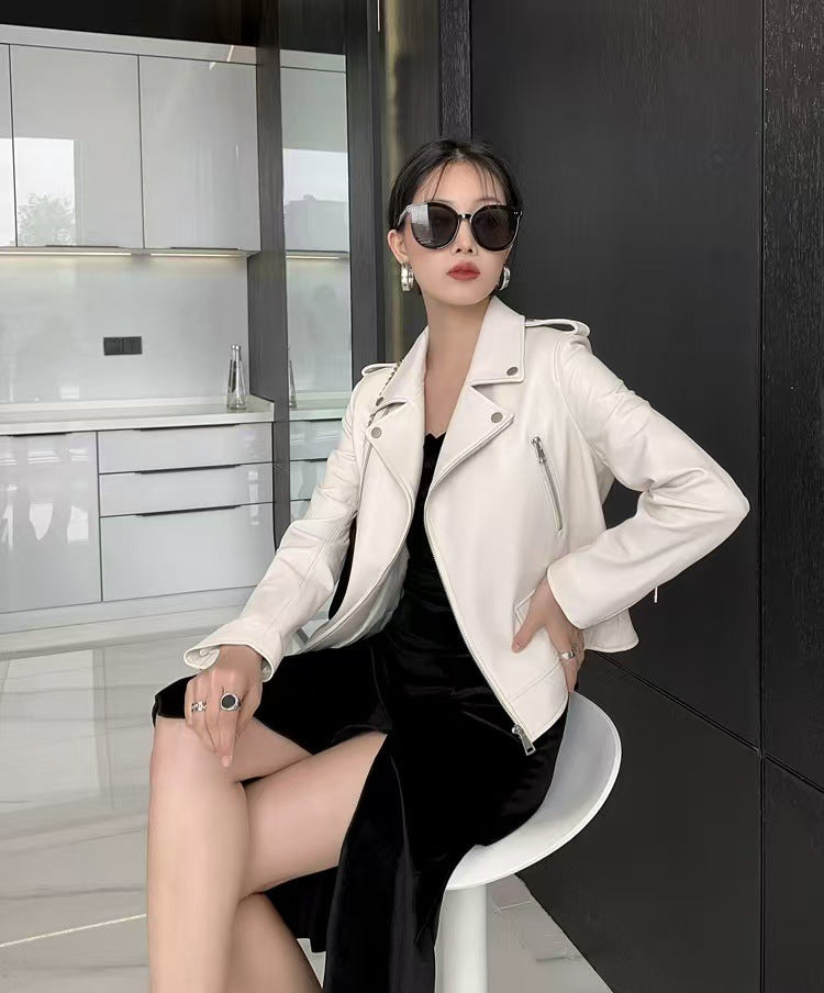 2025 Spring and Autumn New Korean Style Short Women's Pu Women's Large Size Leather Jacket Slim Motorcycle Jacket Small Leather Jacket