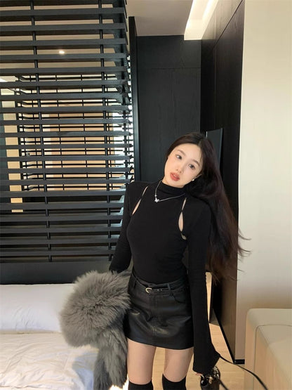 Pure Desire Thread Velvet Tight Inner Half-High Neck T-Shirt Women's Spring and Autumn Design Sense Hollow Base Shirt Top