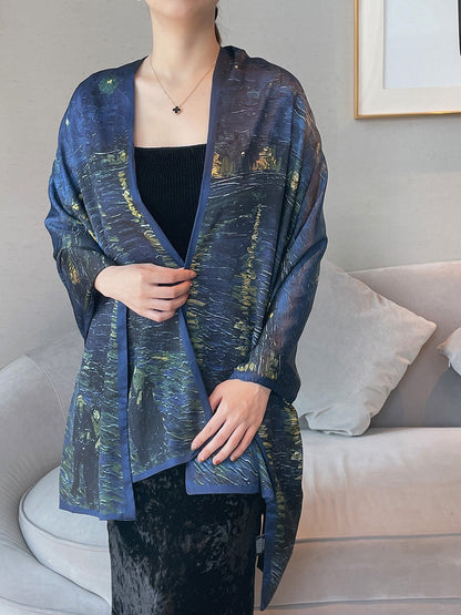 Van Gogh Monet oil painting double-sided double-layer silk scarf women's long 180x70 new silk satin popular fashion scarf shawl New