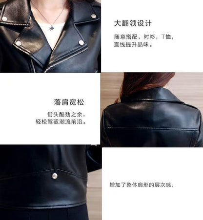 2025 Spring and Autumn New Korean Style Short Women's Pu Women's Large Size Leather Jacket Slim Motorcycle Jacket Small Leather Jacket