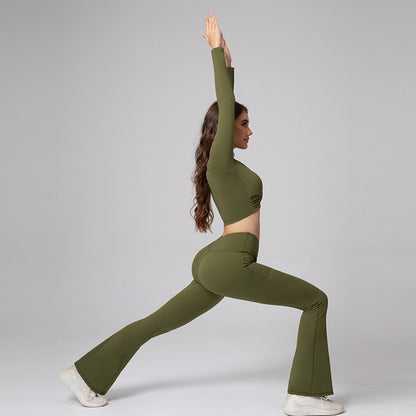 Feiyue European and American Sexy Cross Deep V Short Leaky Waist Solid Color Fitness Sports Leisure Long Sleeve Yoga Clothes Top for Women