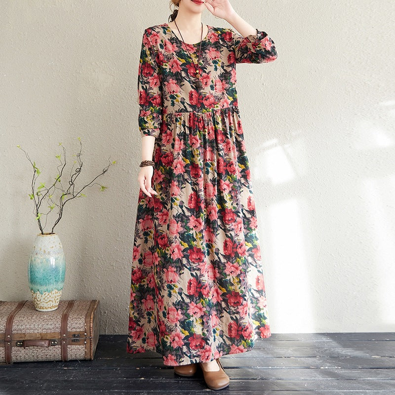 2025 Early Spring New Style Color Holiday Style Travel Crewneck Long Sleeve Retro Long Dress Women's Mat Covering Cotton and Linen dress