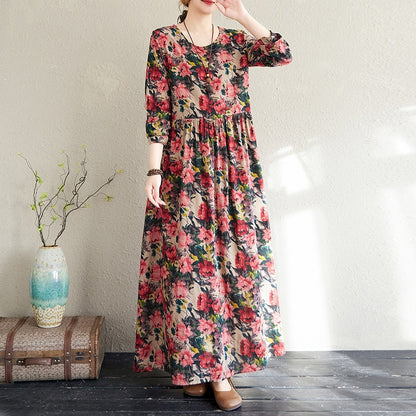 2025 Early Spring New Style Color Holiday Style Travel Crewneck Long Sleeve Retro Long Dress Women's Mat Covering Cotton and Linen dress