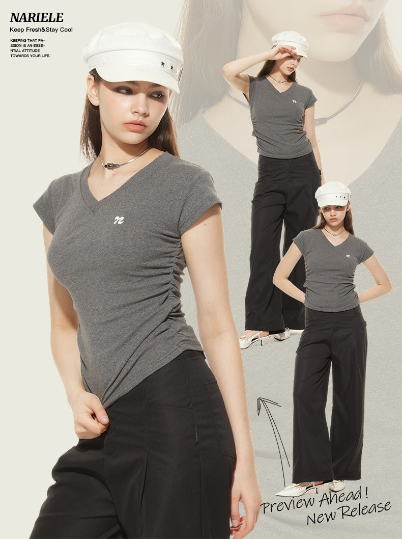 Heyhenry 2025 Summer Pleated Short-Sleeved T-Shirt Women's Niche Design Sexy Short Pinch Waist Niche Top