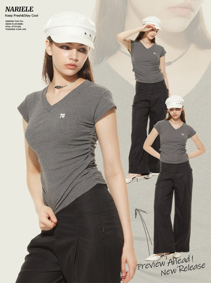 Heyhenry 2025 Summer Pleated Short-Sleeved T-Shirt Women's Niche Design Sexy Short Pinch Waist Niche Top