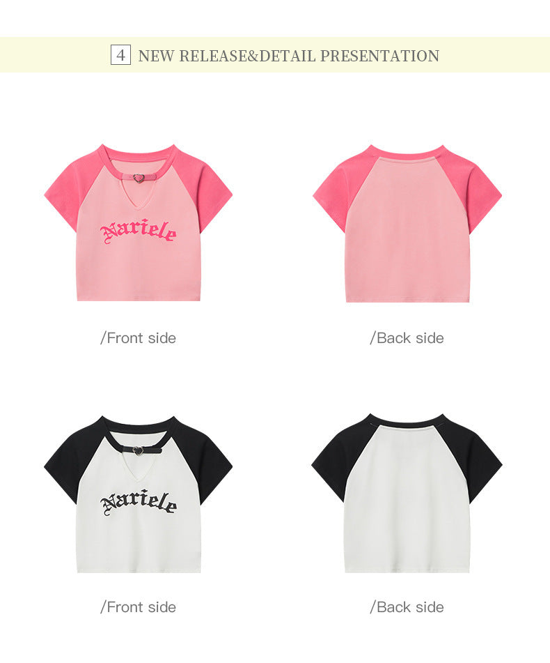 HeyHenry European and American Spice Girls Fashion Hollow Design Letter Print Contrast Color Short-sleeved T-shirt Women's Navel Top