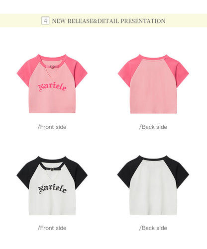 HeyHenry European and American Spice Girls Fashion Hollow Design Letter Print Contrast Color Short-sleeved T-shirt Women's Navel Top