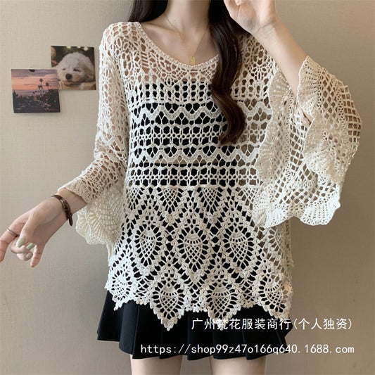 Palace Style French Embroidered Lace Shirt Women's Spring Loose Slimming Sweet Horn Sleeve Small Shirt Elegant Hollow Top