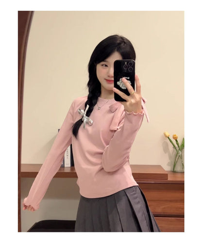 Bow Strap Long-sleeved Korean Style Chic Autumn and Winter New Top Sweet Pure Style Tight Waist Slim Fit Pleated Top