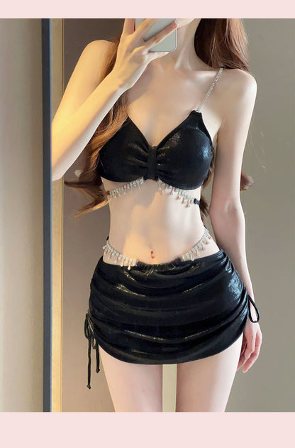 2025 New Bikini Swimsuit Female Sexy Three-Piece Set Rhinestone High-End Split Seaside Resort Hot Spring Swimsuit
