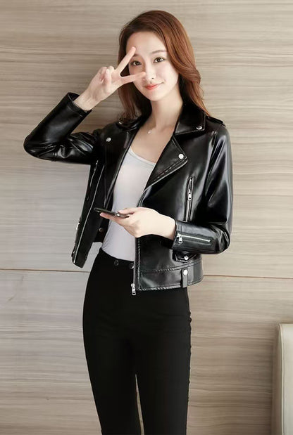 2025 Spring and Autumn New Korean Style Short Women's Pu Women's Large Size Leather Jacket Slim Motorcycle Jacket Small Leather Jacket