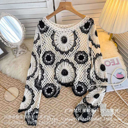 Early Autumn Design Sense Hollow-out Crochet Sweater Women's New Spice Girl Western Style Loose All-match Long-sleeved Top