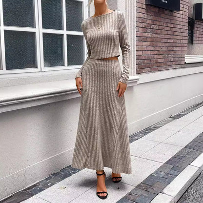 In-Stock New Model Factory Direct Sale 2025 Autumn and Winter European and American Women's Clothing Tight-Fitting Ribbed Long-Sleeve Casual Knit Set