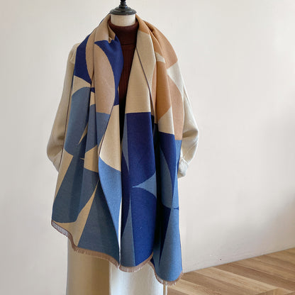 Contrast color asymmetric niche cashmere scarf women's autumn and winter high-grade thickened warm outer shawl new scarf