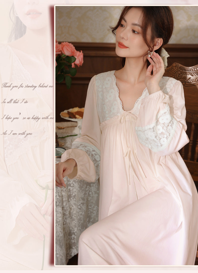 Women's long-sleeved nightdress spring cotton court style French lace princess temperament long pajamas can be worn outside home wear autumn and winter
