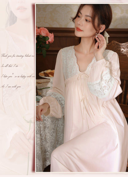 Women's long-sleeved nightdress spring cotton court style French lace princess temperament long pajamas can be worn outside home wear autumn and winter