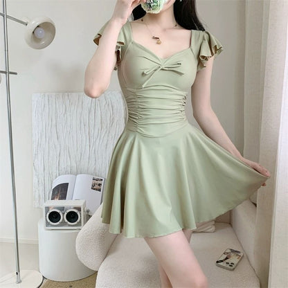 Women's Swimsuit Skirt Style One-Piece Conservative Body-Covering Slimming Look Korean Style Ins Fairy Style Small Breast Push-Up Hot Spring Vacation Swimsuit