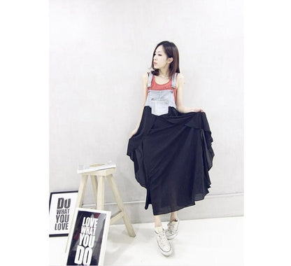 2024 Summer New Korean Style plus size Loose Fashionable Casual Denim Stitching Chiffon Strap Denim dress Women