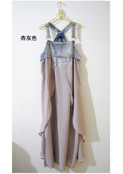 2024 Summer New Korean Style plus size Loose Fashionable Casual Denim Stitching Chiffon Strap Denim dress Women