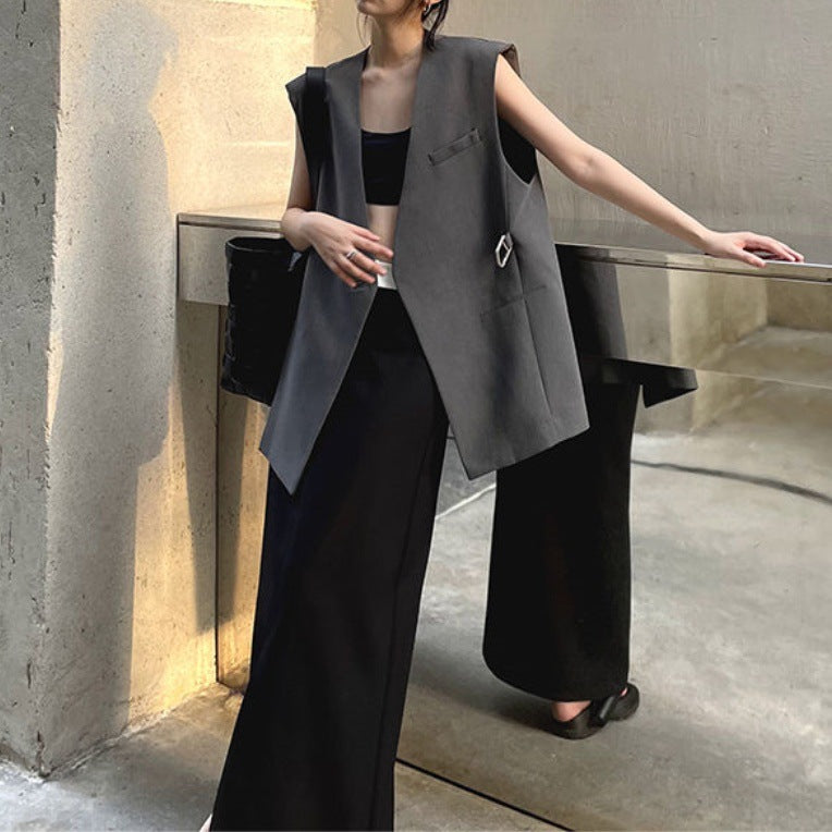 2026 Summer New Design Collarless Vest Suit for Women, Korean Style Loose Mid-Length Sleeveless Jacket